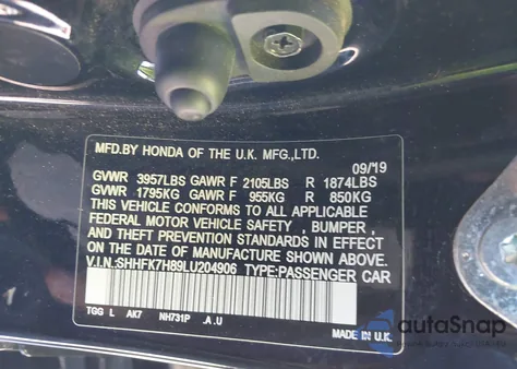 2020 Honda Civic Ex-L from USA, damaged, VIN SHHFK7H89LU204906